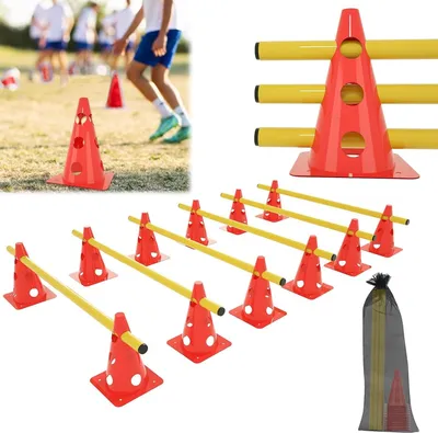 Produktbild von 6er Sports Steckhš¹rdenset 12 Kegel + 6 Stangen Agility Hš¹rden Steckhš¹rden Set, Koordinationstraining fš¹r Kinder Hunde Teamsport Fussball, Multifunktionskegel | H?he: 32 cm | Stange: 100 cm