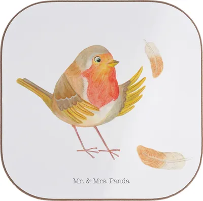 Produktbild von Mr. & Mrs. Panda Untersetzer Glas Rotkehlchen Federn - Weiß - Geschenk, Tischschoner, gläseruntersetzer, bieruntersetzer, fliegen, Spruch Motivation, Vogel, Sprüche, Mut