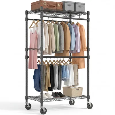 Produktbild von Schwerlast Kleiderständer auf Rollen, 254kg Belastbarkeit, 4 Kleiderstangen & 2 Ablagen, Verstellbarer Mobiler Kleiderschrank, 90x204cm, Schwarz