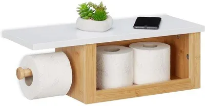 Produktbild von Famanu Toilettenpapierhalter mit Ablage und offenem Fach für Reserverollen - Bamboe/Metall, Weiß/Natur