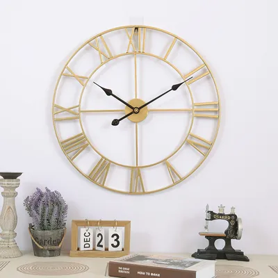 Produktbild von Große Vintage-Stil Wanduhr, Rund, Metall, Leise, Kein Ticken, Batteriebetrieben, 40cm, Wohnzimmeruhren, Schlafzimmer, Gold Küche Dekor
