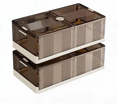 Produktbild von Unterbett-Aufbewahrungsboxen - Kleidungsorganizer - 2er-Set - 100 x 50 x 25 cm - Stapelbar - Faltbar - Rollen und Deckel - Transparent-braun