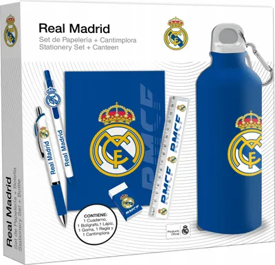 A box containing a Real Madrid stationery set and canteen.