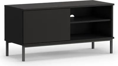 A black TV stand with a sliding door and open shelving, shown against a white background.