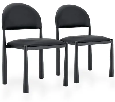 Productafbeelding van Set van 2 eetkamerstoelen van kunstleer, met een halfronde, beklede rugleuning en metalen poten, zwart/zwart