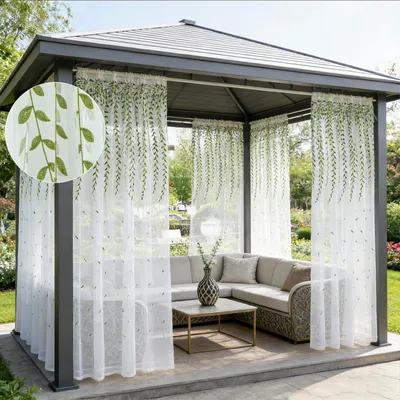 Immagine prodotto di 2 tende bianche in voile trasparente con ricamo a foglie, con passanti per l'asta, per soggiorno, camera da letto o gazebo, L140×A260 cm