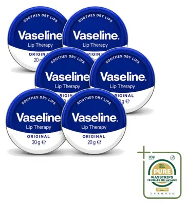 Imagen del producto de 6 unidades de bálsamo labial Vaseline Original, 20 g cada uno. Paquete de suministro