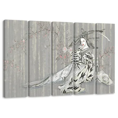 Produktbild von 5-teiliges leinwandbild traditionelle japanische geisha 100x70 cm Feeby grau wandbild bereit zum aufhängen