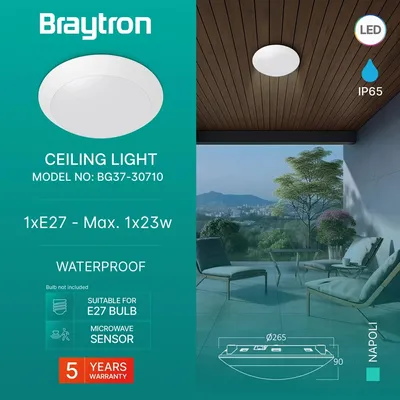 Produktbild von Braytron Außen Deckenleuchte in Weiß IP65 Ø265mm – E27 Fassung max.23W – Runde Feuchtraumlampe mit Bewegungsmelder