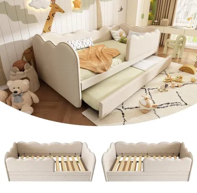 Produktbild von Polsterbett 90x190cm als Tagesbett mit Ausziehbett 90x190cm, Kinderbett mit Lattenrost, Leinen beige, ohne Matratze
