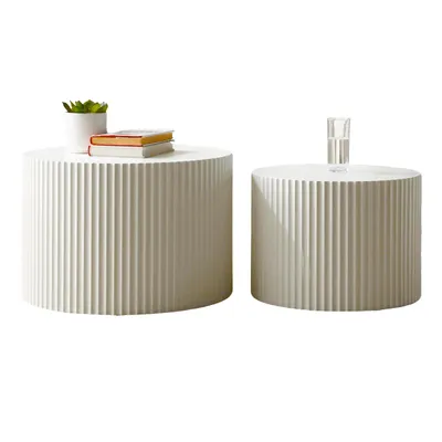 Produktbild von Couchtisch Set 2-teilig, runde Couchtische mit Fluted-Design, modern & minimalistisch, weiß, für Wohnzimmer, Büro & Schlafzimmer