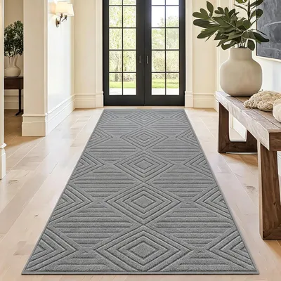 Image de Tapis gris de 80 x 200 cm avec motif géométrique en 3D, lavable et antidérapant