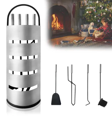 Immagine prodotto di TANYEAR, set completo per camino in acciaio inossidabile, composto da 5 elementi, include attrezzi per camino, ideale per camino e stufa, finitura argento