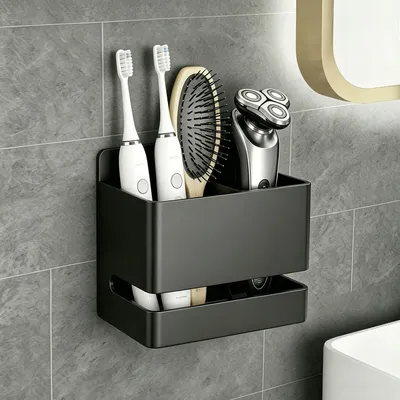 Immagine prodotto di Porta spazzolini in alluminio nero, da montare a parete senza fori, con 2 fessure, organizer per il bagno