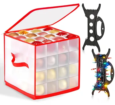 Image de Boîte de rangement pour boules de Noël, 64 compartiments, boîte transparente avec 2 enrouleurs de câble, pliable avec couvercle