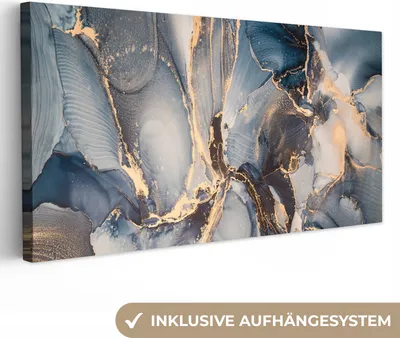 Produktbild von MuchoWow® - Leinwandbilder - Marmor - Grau - Blau - Luxus - Gold, Wandbild, Wanddeko Bilder Wohnzimmer, 80x40 cm