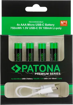 Produktbild von PATONA Premium USB-C 4x AAA Akkus Lithium 1.5V 750mWh mit 1 zu 2 USB-C Ladekabel