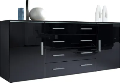 Produktbild von Vladon Sideboard Faro V2,  Germany, Kommode mit 2 Türen und 4 Schubladen, Schwarz matt/Schwarz Hochglanz (166 x 72 x 35 cm)