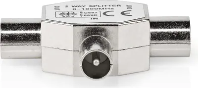 Produktbild von Nedis Satelliten- und Antennenadapter - IEC (Coax) Stecker - 2x Coax Buchse - Vernickelt - 75 Ohm - T-Splitter - Metall - Silber - 1 Stück - Box