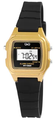 Produktbild von Q&Q Damen Digitaluhr mit Kunststoffarmband in schwarz/goldfarben, 10 Bar wasserdicht