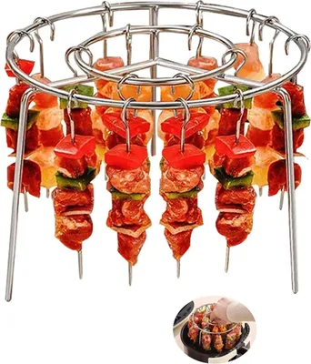 Produktbild von BBQ Schaschlikspieße Edelstahl, Airfryer Zubehör Barbecue Skewer Set, 24x Grillspieße + Runde Grillrack | Kompatibel mit Airfryer, Heißluftfritteuse