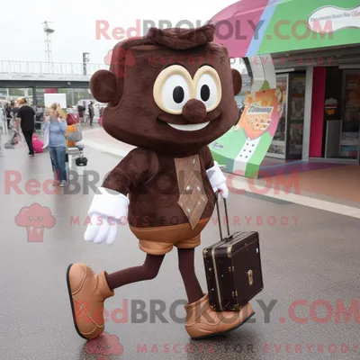 Produktbild von Maskottchen-Charakter REDBROKOLY eines braunen irischen Tanzschuhs bekleidet mit Röhrenjeans und Aktentaschen