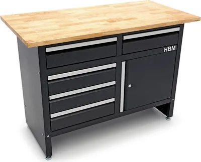 Produktbild von HBM Werkbank 120 cm mit 5 Schubladen und Tür, Arbeitsplatte aus Massivholz, schwarz