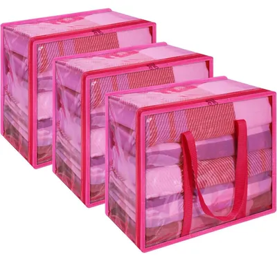 Immagine prodotto di Borsa per riporre vestiti, confezione da 3 pezzi, con maniglia rinforzata, pieghevole, in vinile, capacità 40 litri, colore rosa