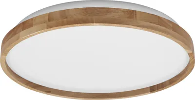 A close-up, front-facing view of a white LED ceiling light with a wooden ring accent.