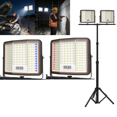 Image de XMTECH 2×300W Projecteur de travail blanc froid, projecteur de chantier LED rechargeable avec trépied réglable, IP66 étanche, pour garage et atelier
