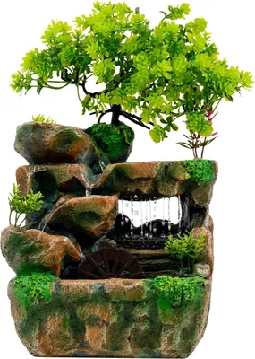 Produktbild von Indoor Zimmerbrunnen - Tischbrunnen - LED Wasserfall mit Farbwechsel - Handgefertigtes Kunstharz - 18x15x30 cm - EU Stecker - Grün