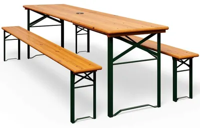 Produktbild von Bierzeltgarnitur Biertischset Picknicktisch - 8 Personen - 170 x 46 x 75 cm - Kiefernholz und Stahl - Klappbar - Mit Schirmöffnung