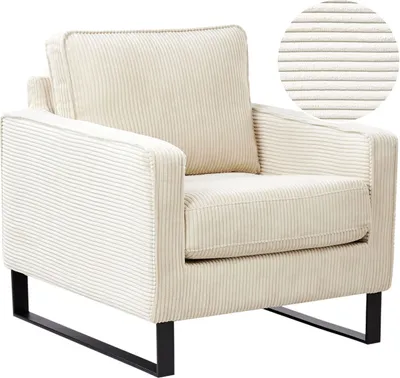 Produktbild von Beliani Sessel Retro, Cord, Hellbeige/Schwarz, Edelstahlfüße, dicke Polsterung, niedrige Armlehnen, Wellenfederung, B 0.76m x H 0.82m x T 0.82m, bis 200 kg, Wohnzimmer, Schlafzimmer, Flur