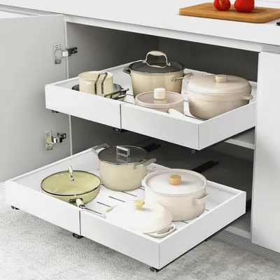 Produktbild von 2 Stück Teleskopschublade, Erweiterbar Ausziehbare Schubladen-Aufbewahrungsregale Verstellbare Breite (32-53 cm) für mit Klebefolie,für Küche und Badezimmer Küchenschränke (Weiß)