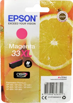 Produktbild von Epson Oranges Singlepack Magenta 33XL Claria Premium Ink, Hohe (XL-) Ausbeute, Magenta, Tinte auf Pigmentbasis, 8,9 ml, 1 Stück(e), 650 Seiten