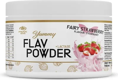 A white plastic tub of flavored powder with strawberry imagery and text.