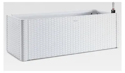 Produktbild von XL Pflanzkasten im Rattan-Design aus Kunststoff in Weiß mit Wasserspeicher und Wasserstandsanzeige. Maße BxTxH in cm: 100 x 43 x 33 cm.