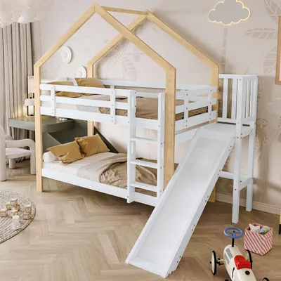 Image de MODFU Lit Superposé 90x200 cm - Lit Cabane avec Toboggan et Échelle d’Angle, Cadre en Bois Massif et MDF, Sans Matelas, Blanc et Naturel