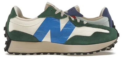 Imagen del producto de New Balance 327, color verde bosque y azul sereno, estilo vintage desgastado. Talla europea 44.5