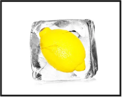 Produktbild von Wallario Wandbild Zitrone in Eiswürfel - Eiskaltes Obst, Größe: 40,30 x 50,30 cm, Poster mit schwarzem Aluminiumrahmen