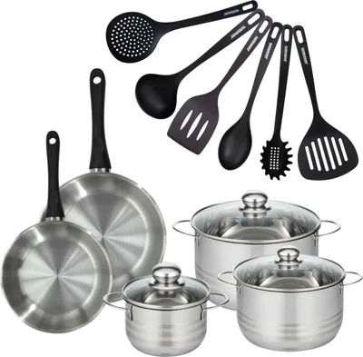 Image de Batterie de cuisine avec 2 poêles 20/24 cm et 3 faitouts 16/20/24 cm avec 6 ustensiles de cuisine sans PFAS Fackelmann Généva Brillant Fénix