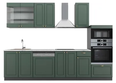 Produktbild von Küchenzeile Vicco Fame-Line Grün-Gold Landhaus/Anthrazit 300 cm mit Hochschrank, AP Marmor, Model 42113