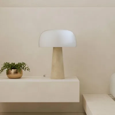 Produktbild von LUMIÈRE Design Lyra Tischleuchte Travertinfuß Opalglas dimmbar Weiß