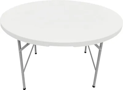 A white round folding table with metal legs against a white background.