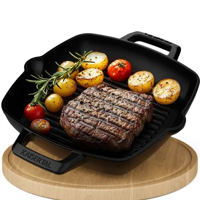 Produktbild von KAISERTAL Grillpfanne emailliert - 27cm Premium Grillpfanne Gusseisen -  Gusspfanne ist Induktionsgeeignet, Voreingebrannt und Backofengeeignet