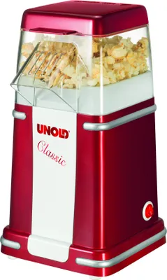 Der Unold Popcornmaker Classic in Rot und Weiß verfügt über eine transparente Oberseite, die mit Pop