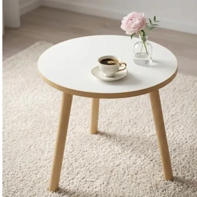 Obrázok produktu pre Moderný biely konferenčný stolík s priemerom 50 cm a drevenými nohami