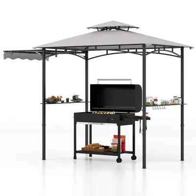 Produktbild von GOPLUS Grillpavillon, Grill Pavillon mit Doppeldach & Seitenmarkise, Grillüberdachung mit 2 Ablagen, 6 Haken, Flaschenöffner, Grillunterstand wetterfest für Outdoor Garten Hof Terrasse Pool