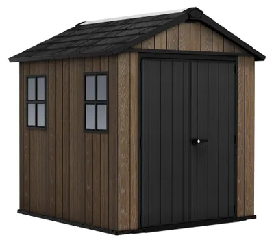 Immagine prodotto di Apex 757/775 - Casetta da Giardino 223,8x246x230 cm 2 Ante per deposito attrezzi finitura effetto legno Evotech+ in Resina Marrone e Nero