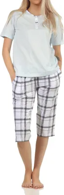 Produktbild von Edler Damen Capri Schlafanzug Pyjama kurzarm mit karierter Hose aus Jersey – 112 90 445 ; hellblau , 36